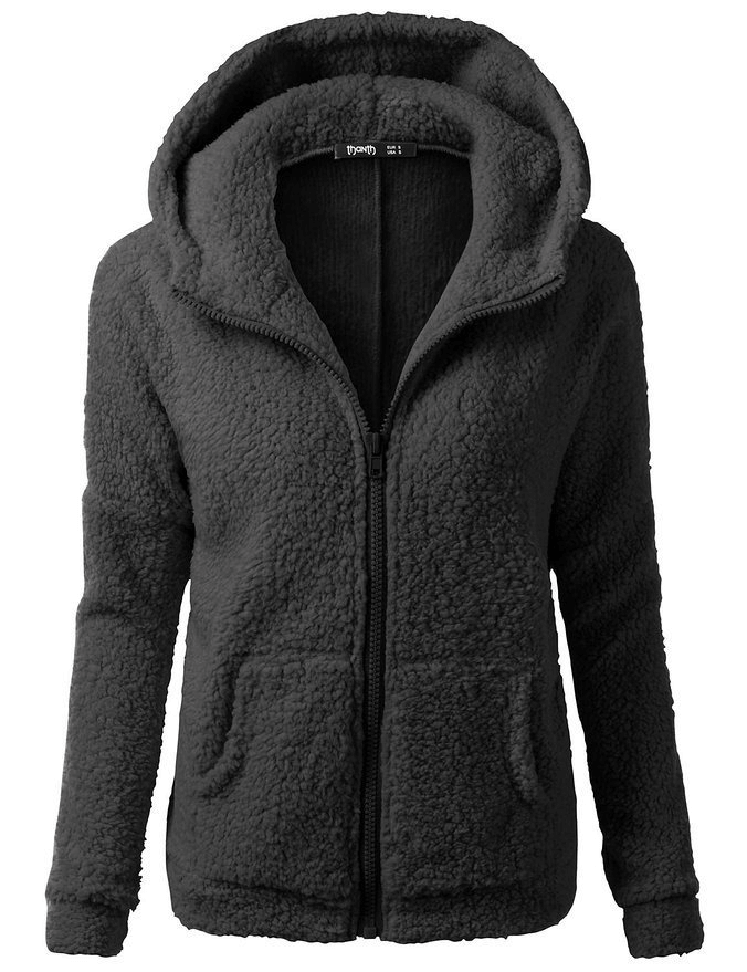 Women's fleece hooded jacket, casual zip-up style, cotton-polyester blend, with pockets and full sleeves, in dark color, SF0141.